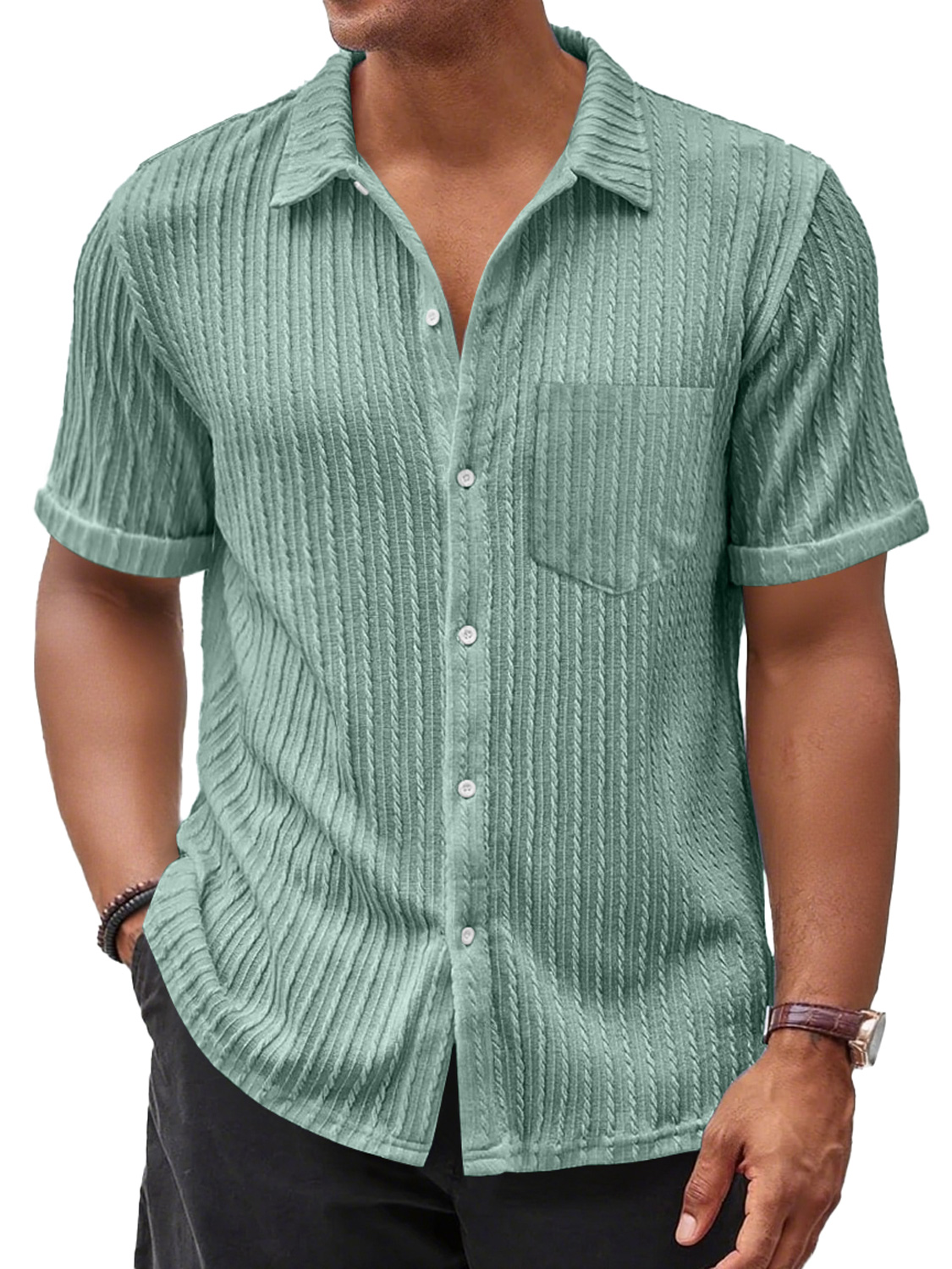 Men's Daily Casual Jacquard Texture Pocket Solid Color Comfortable Short-sleeved Shirt