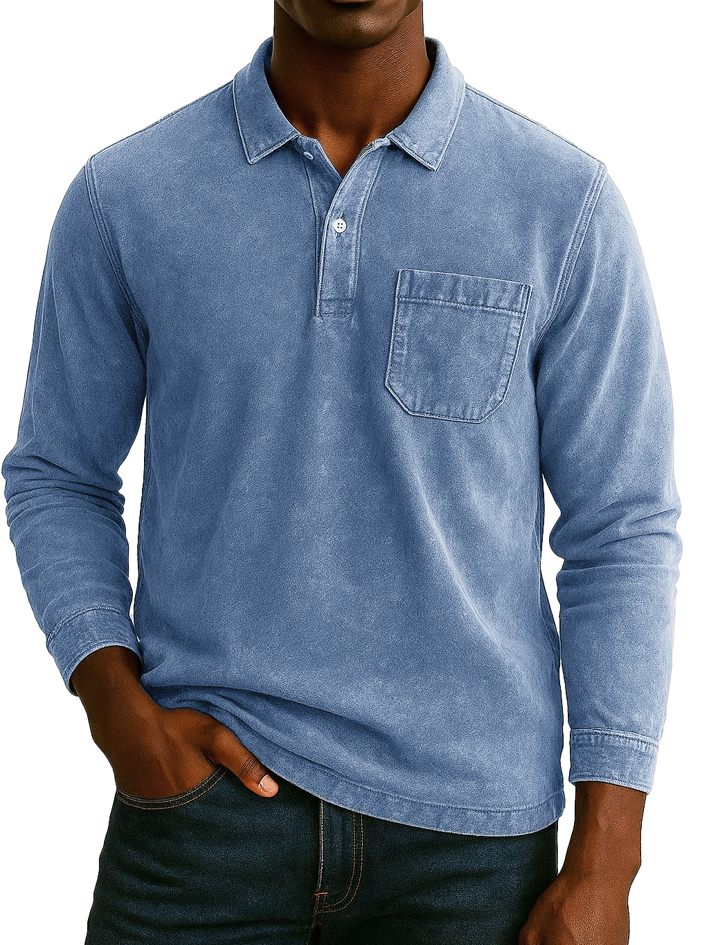 Men's Retro-chic Distressed Pocket Lapel Long-sleeved Polo Shirt