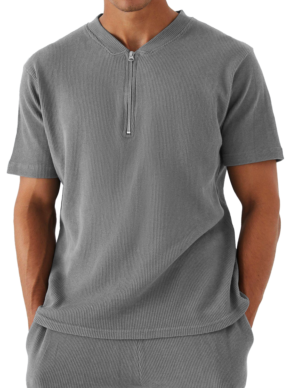 Men's Waffle Zipper Casual Solid Color Short Sleeve T-shirt