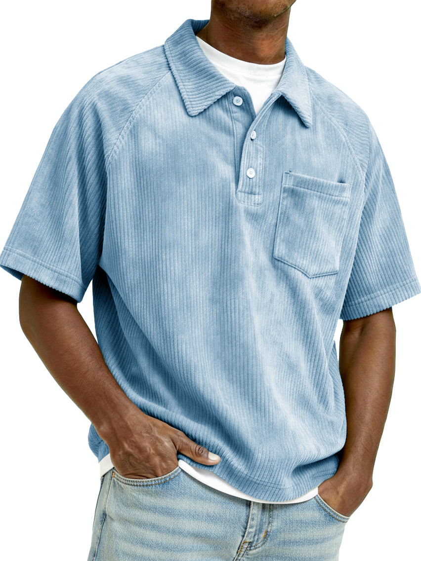 Men's Retro Raglan Corduroy Loose Pocket Short-Sleeve Polo Shirt