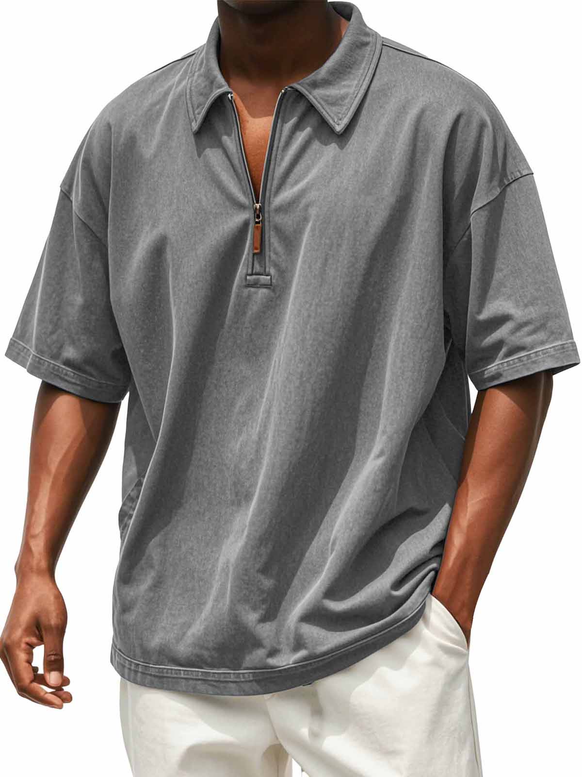 Men's Retro Distressed Zip Short Sleeve Polo Shirt