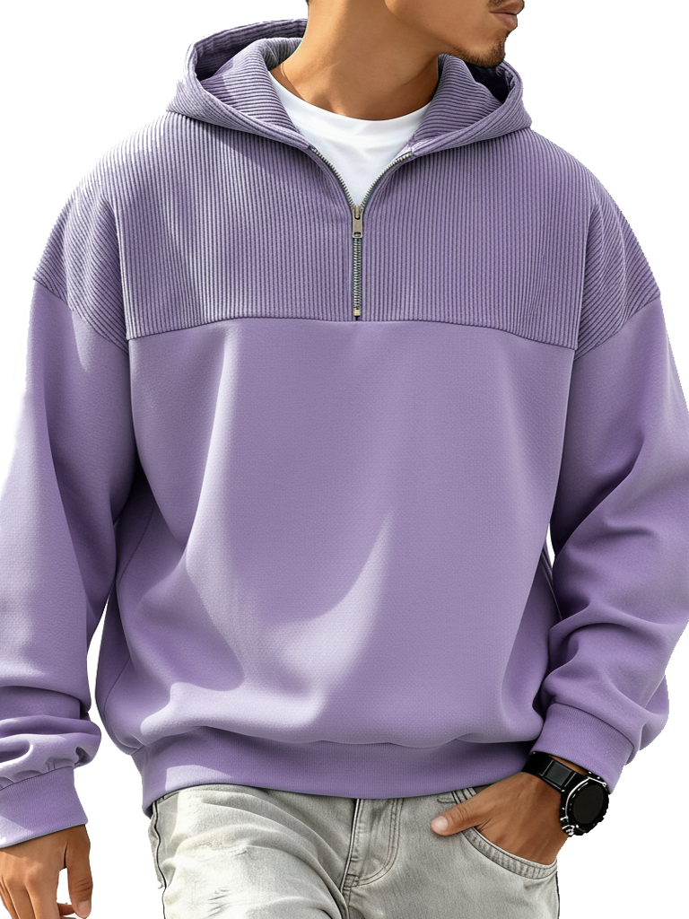 Men's Fashion Casual Patchwork Ribbed Fabric Long-Sleeve Hooded Zipper Top