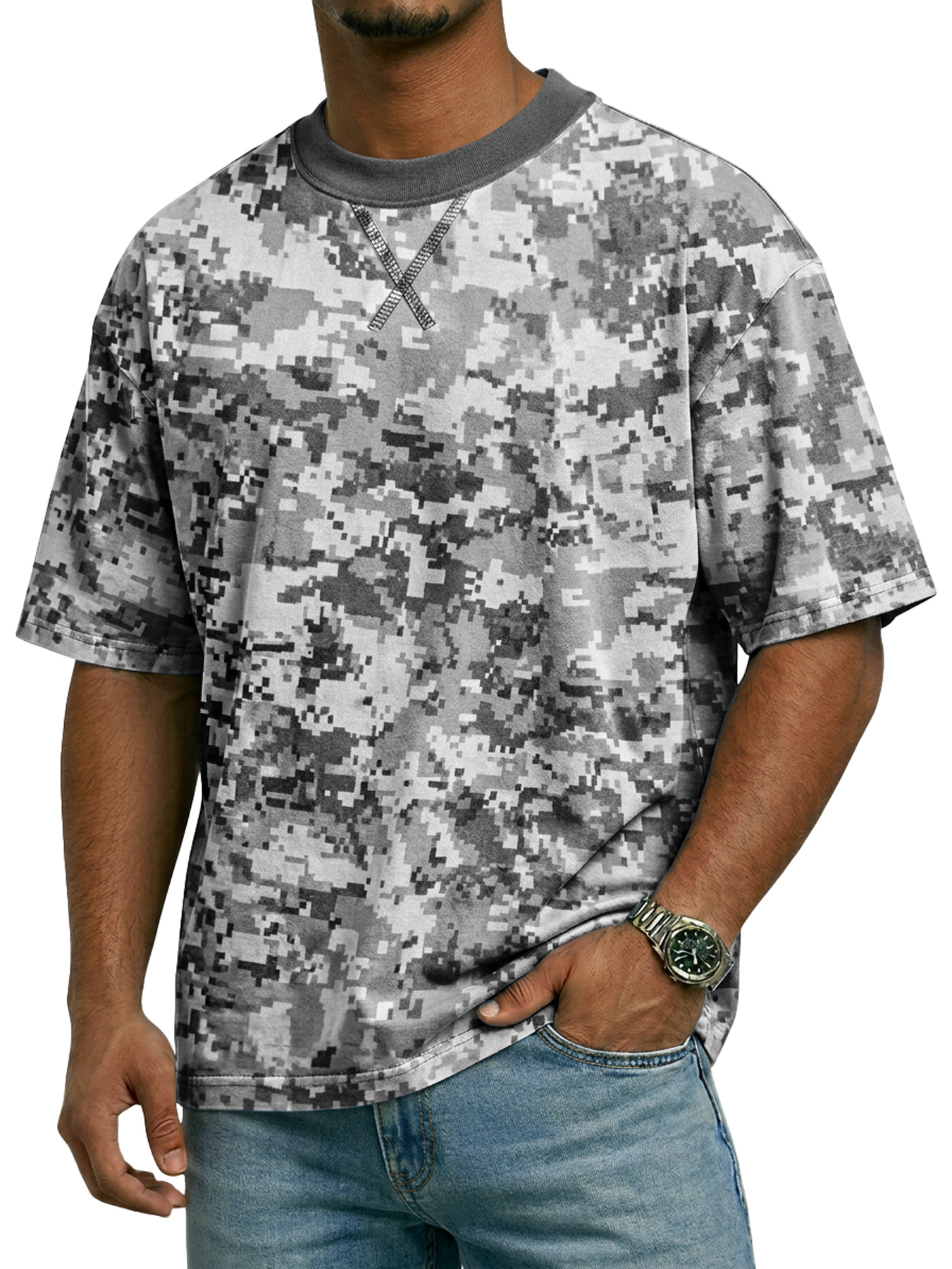 Men's Crew Neck Camouflage Crossover Design Casual Short-Sleeve T-Shirt