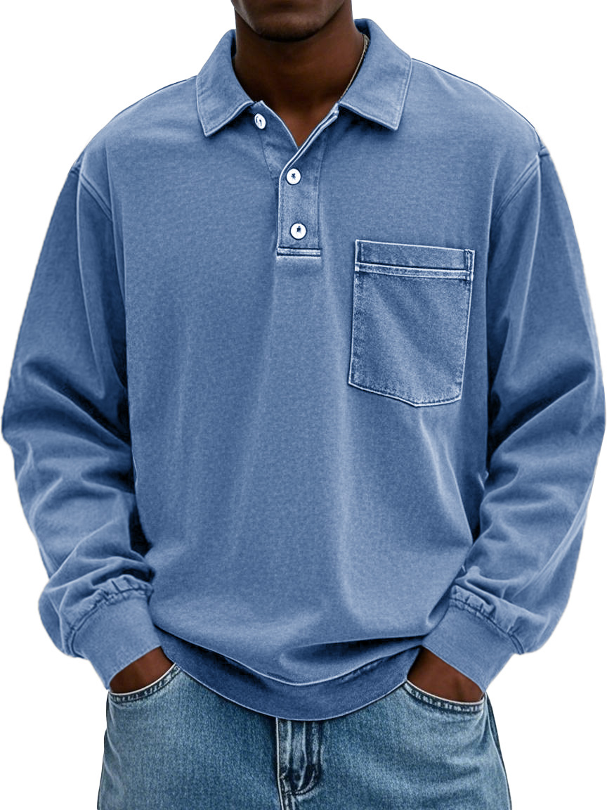 Men's Stylish Vintage Distressed Pocket Lapel Long-sleeved Polo Shirt
