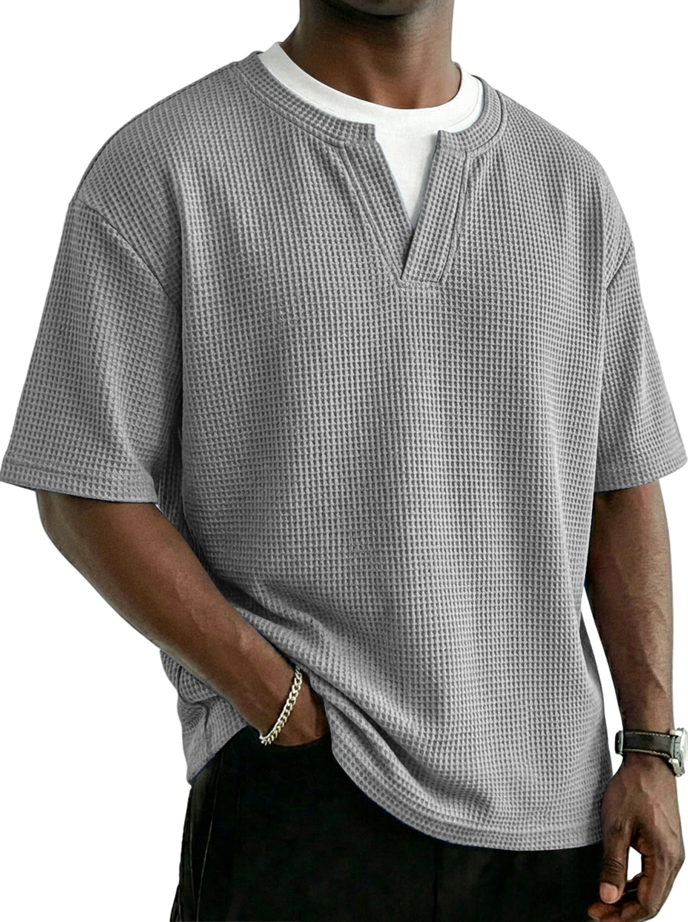 Men's Waffle-knit Faux Two-piece Casual Solid Color Short-sleeved T-shirt