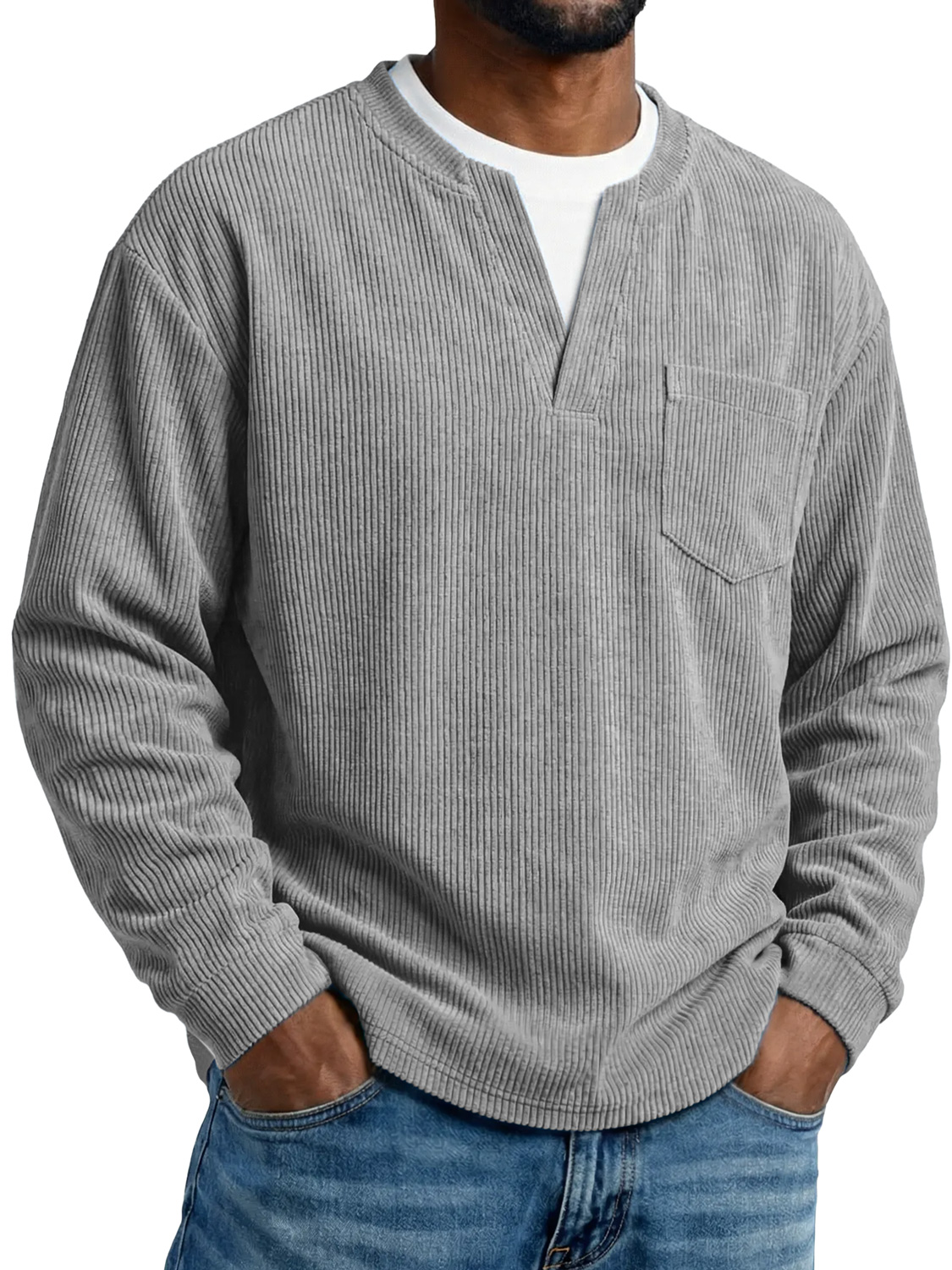 Men's Everyday Corduroy Faux Two-piece Casual Pocket Long-sleeved T-shirt