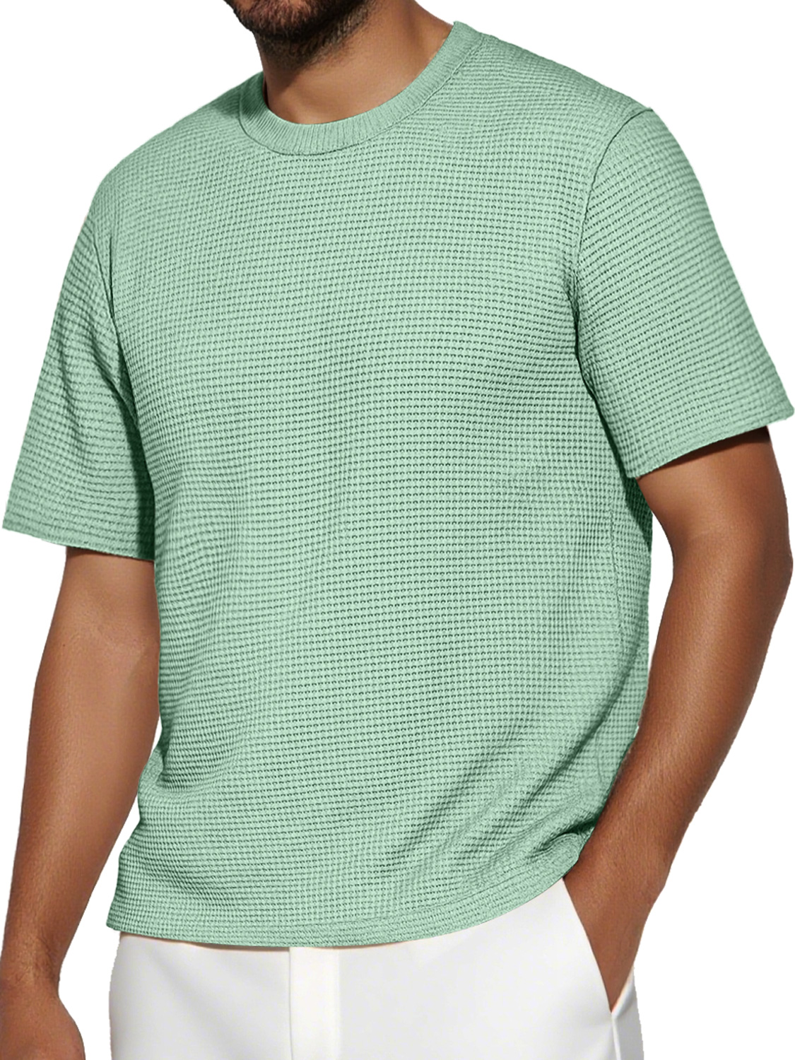 Men's Daily Round Neck Waffle Casual Solid Color Short Sleeve T-Shirt