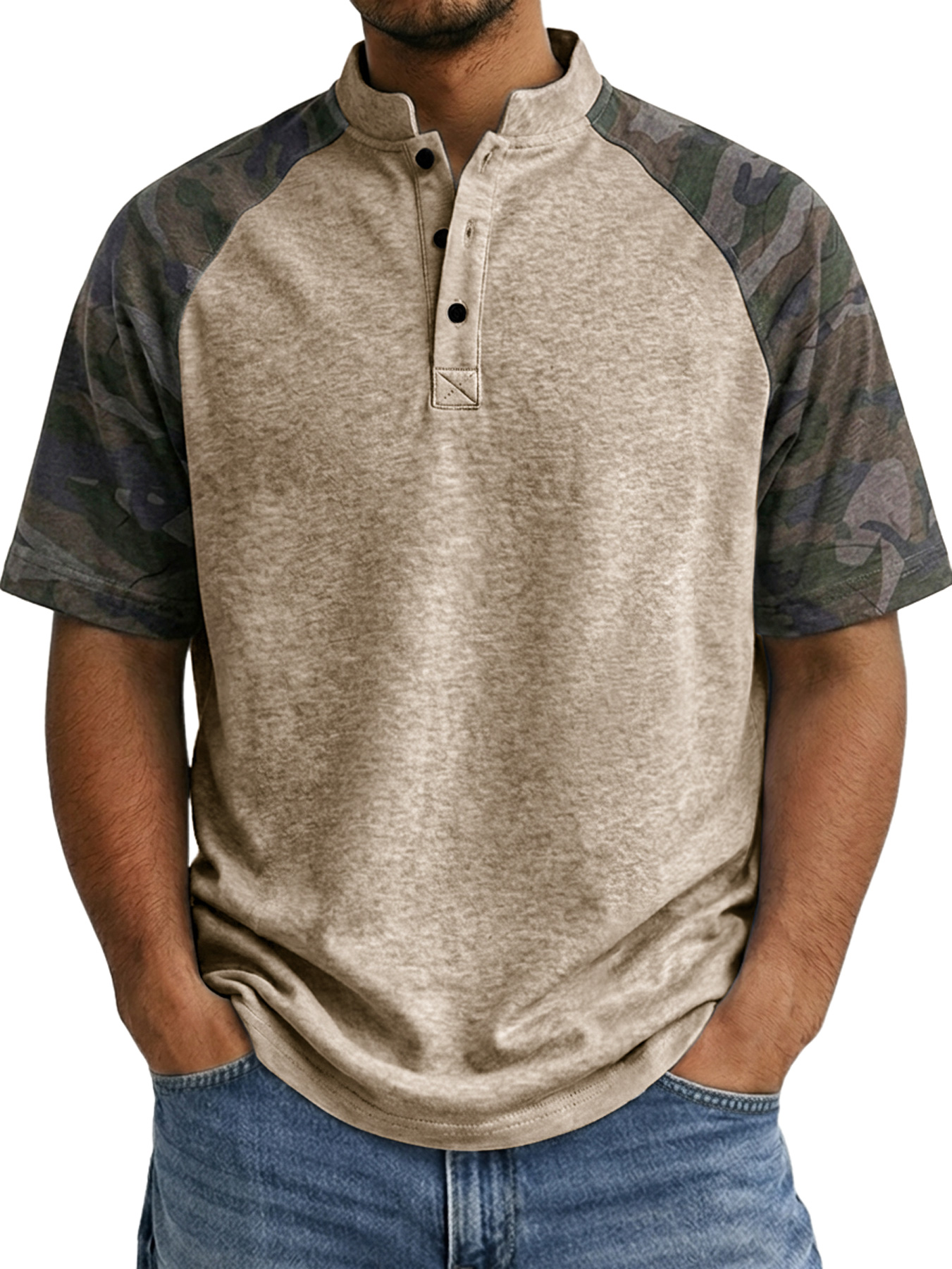 Men's Raglan Camo Casual Stand Collar Short Sleeve Henley Shirt