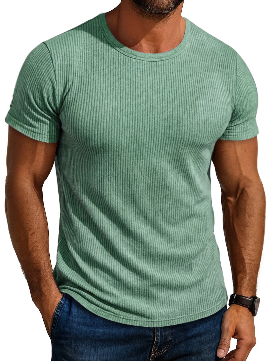 Men's Daily Round Neck Ribbed Casual Comfortable Solid Color Short-sleeved T-shirt