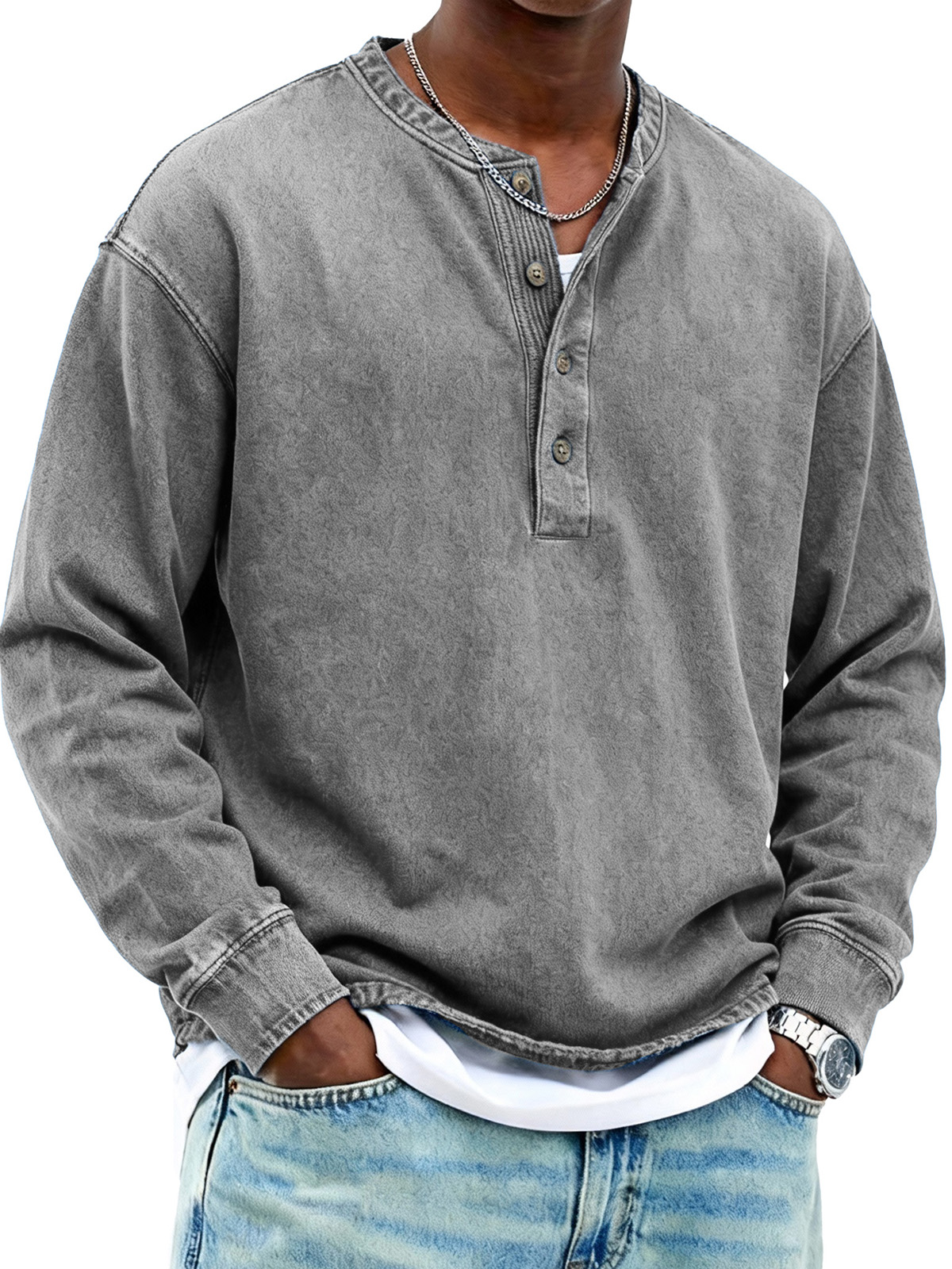 Men's Fashionable Retro Stand Collar Button-Up Long-Sleeved Henley Shirt