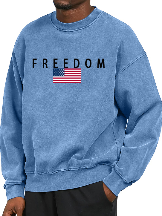Men's Vintage Washed  Distressed Freedom Printed Crew Neck Sweatshirt