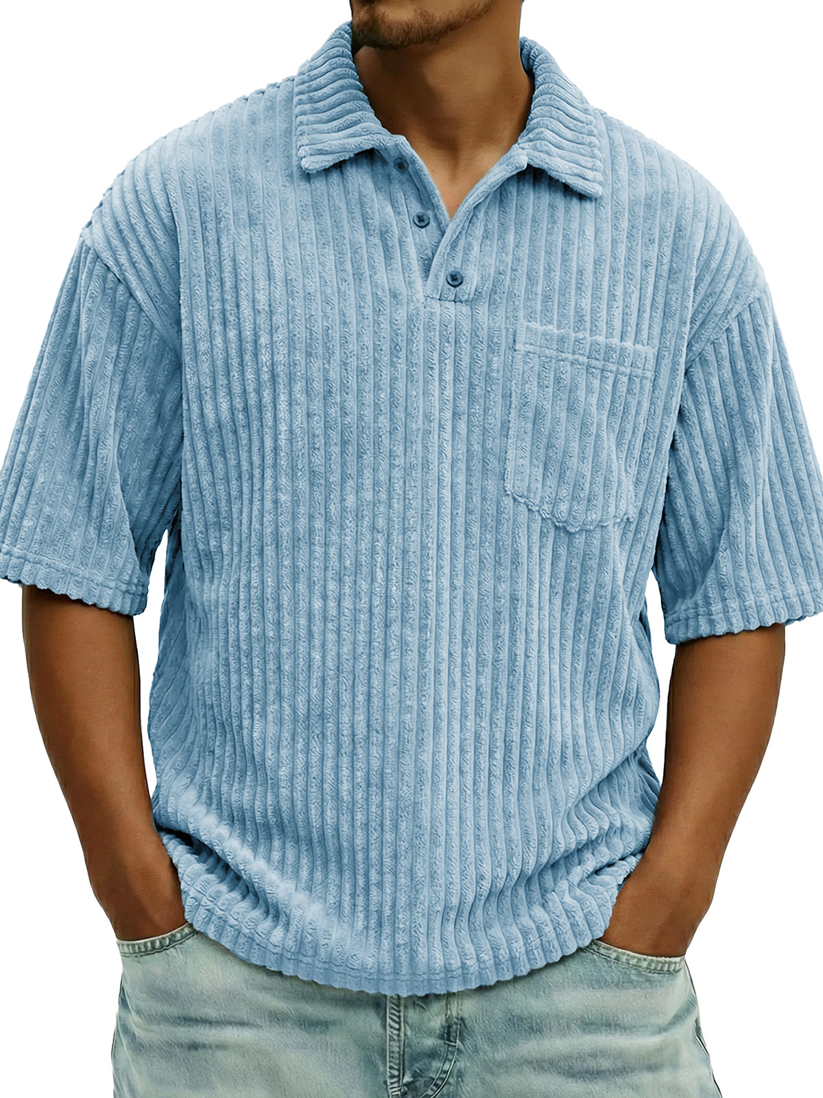 Men's Fashionable Ribbed Pocket Collar Short-Sleeve Polo Shirt