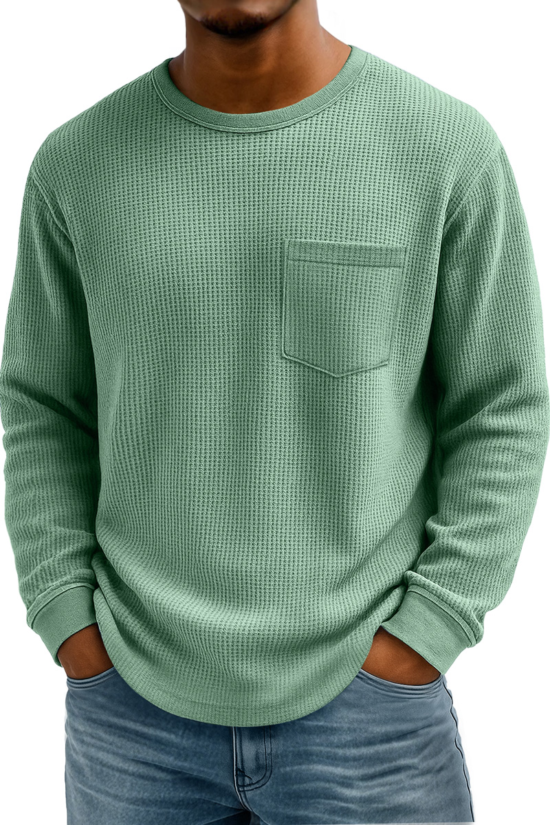 Men's Waffle Casual Crew Neck Pocket Long Sleeve T-Shirt