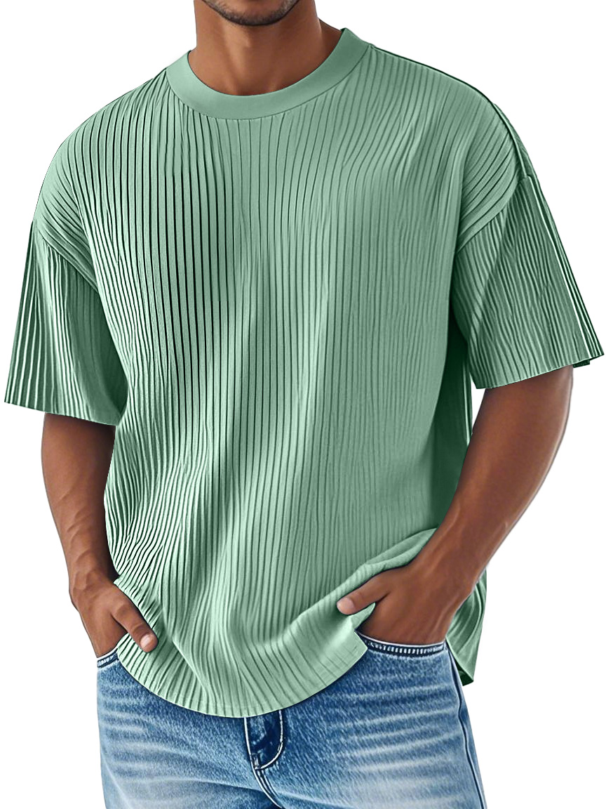 Men's Daily Ribbed Round Neck Casual Solid Color Comfortable Short-sleeved T-shirt
