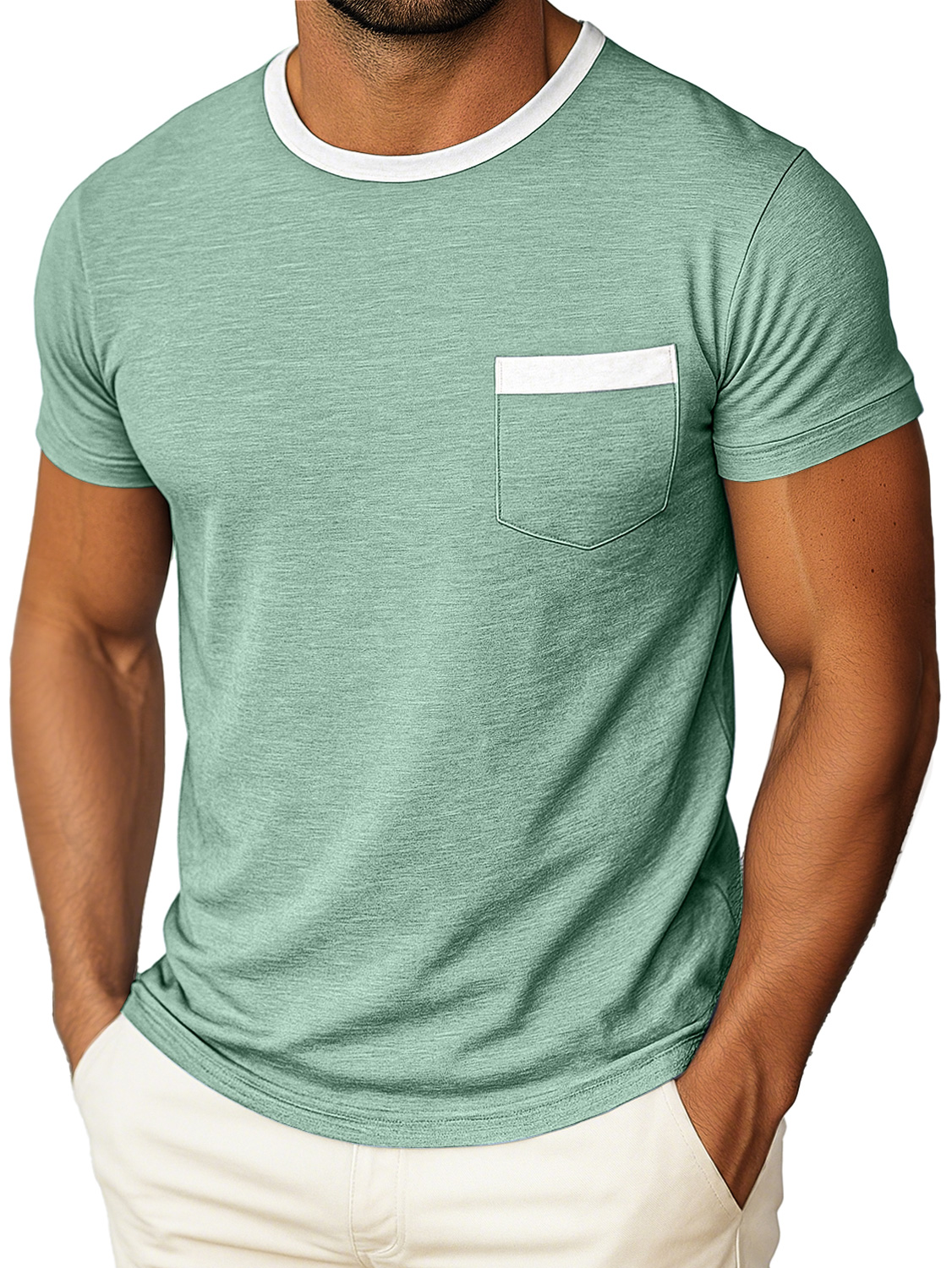 Men's Daily Round Neck Color Matching Pocket Casual Short Sleeve T-shirt