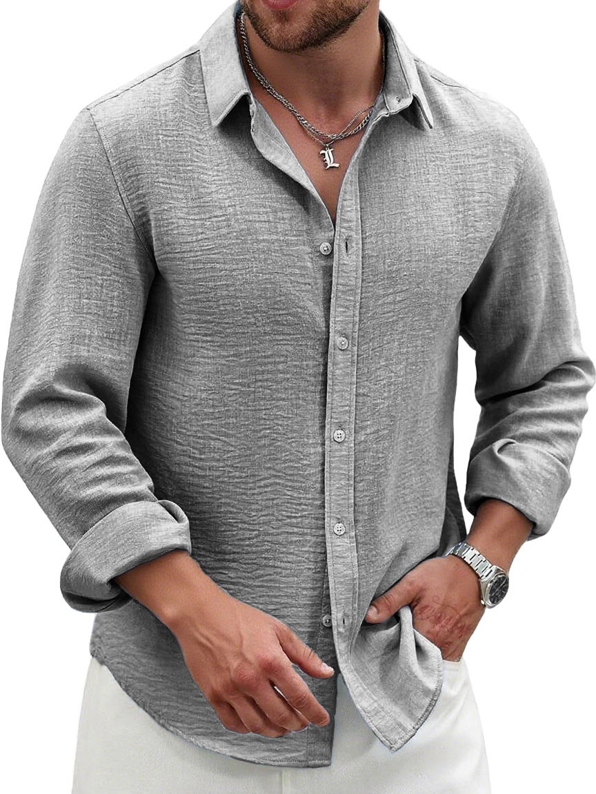 Men's Fashion Casual Pleated Fabric Lapel Long-sleeved Shirt
