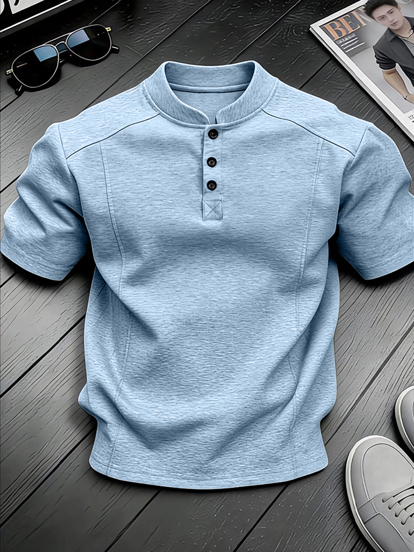 Men's Stand-up Collar Button-down Design Casual Short-sleeved Henley Shirt
