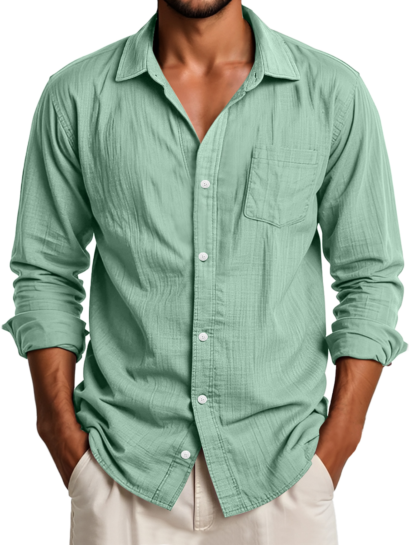 Men's Daily Lapel Pocket Casual Solid Color Long Sleeve Shirt