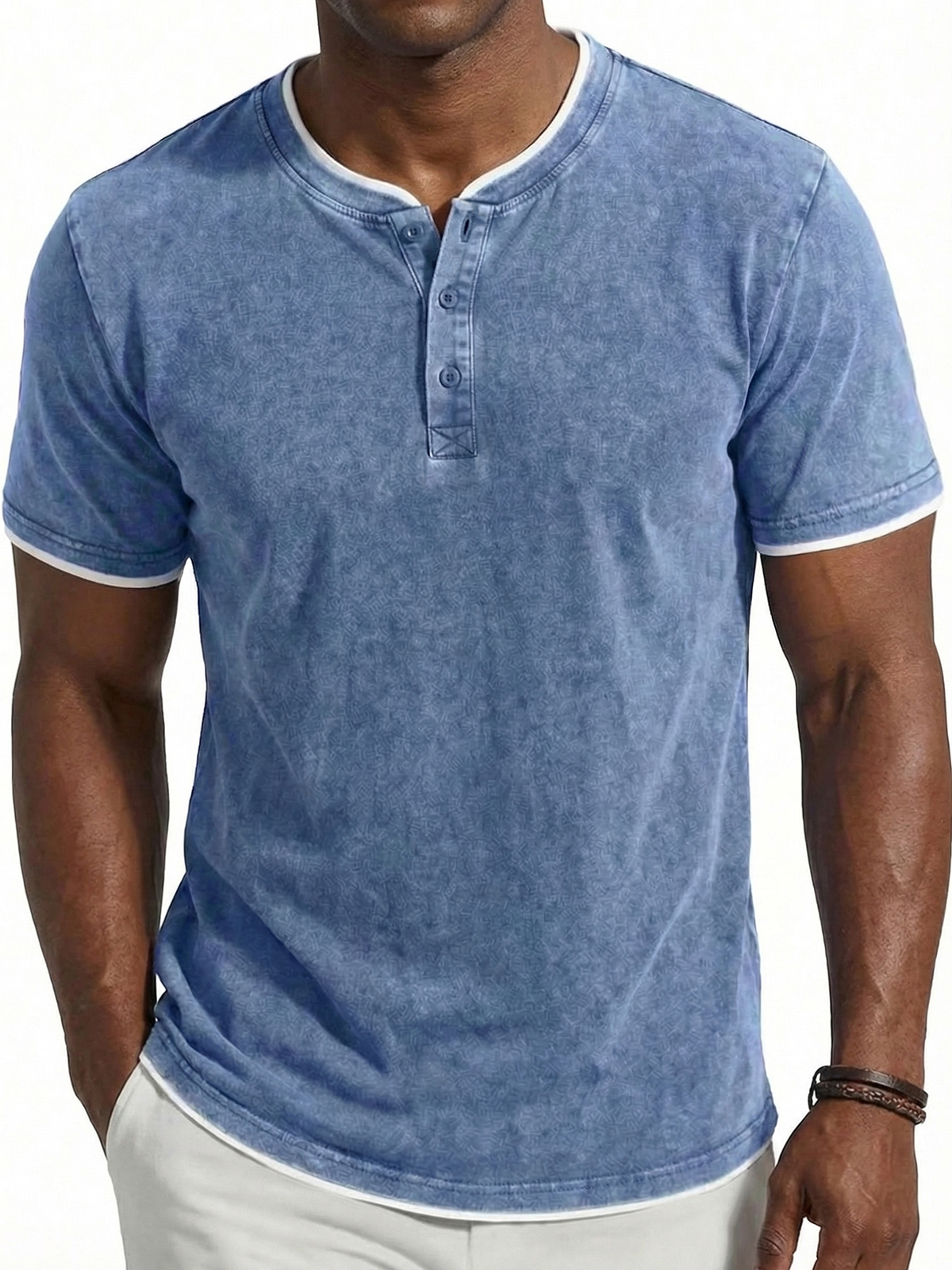 Men's Vintage Washed & Distressed Faux Layered Henley Short-Sleeve Top