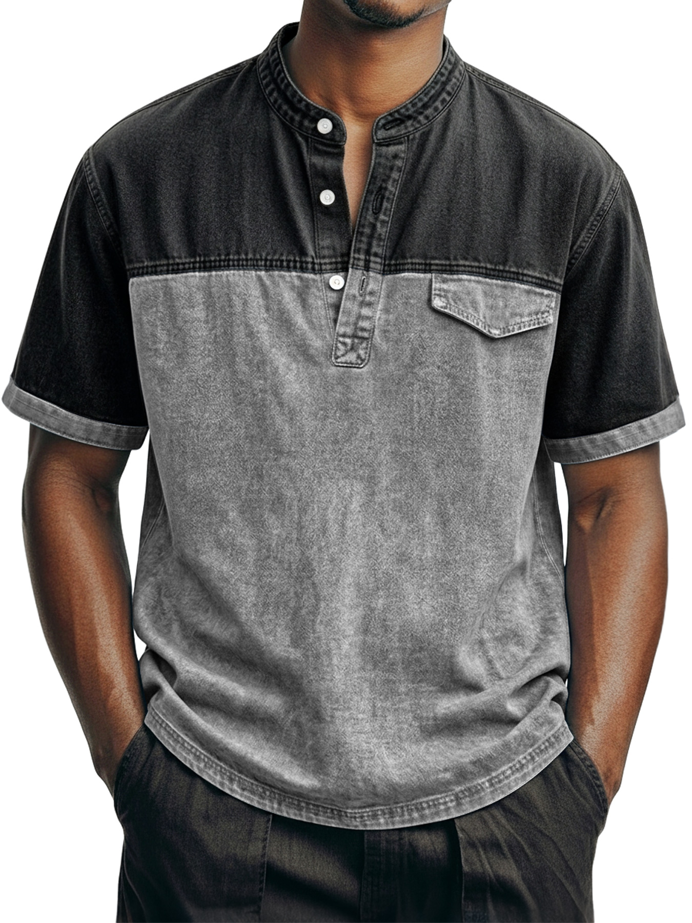 Men's Retro Color Block Casual Stand Collar Button-Down Short Sleeve Henley Shirt