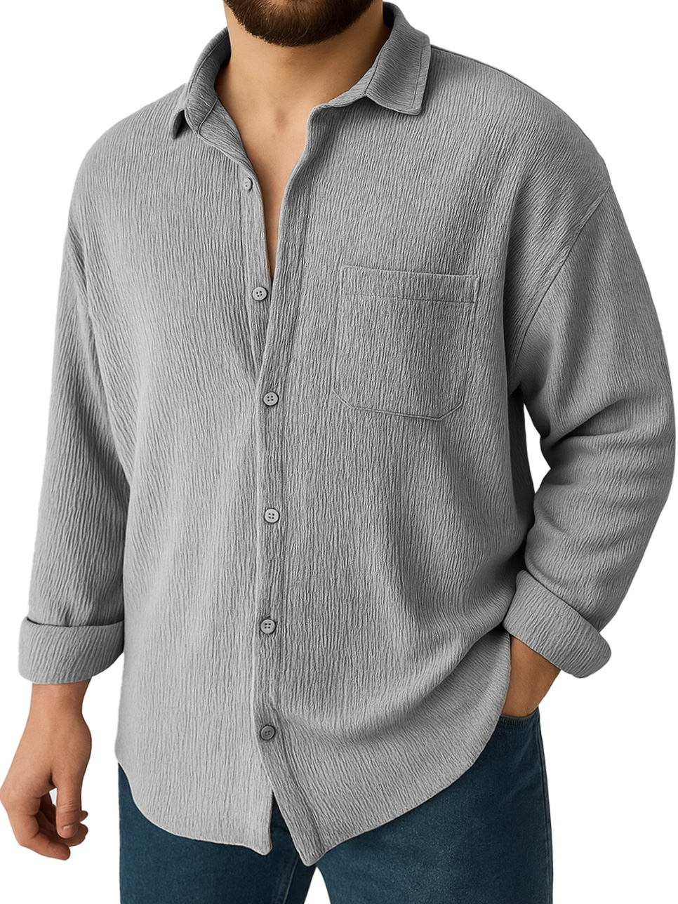Men's Clothing Fashionable Daily Jacquard Texture Fabric Loose Pockets Long-sleeved Lapel Shirt