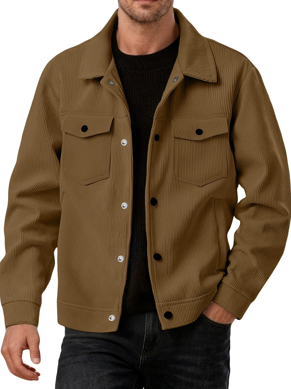 Men's Fashionable Casual Ribbed Fabric Long-Sleeved Pocket Jacket