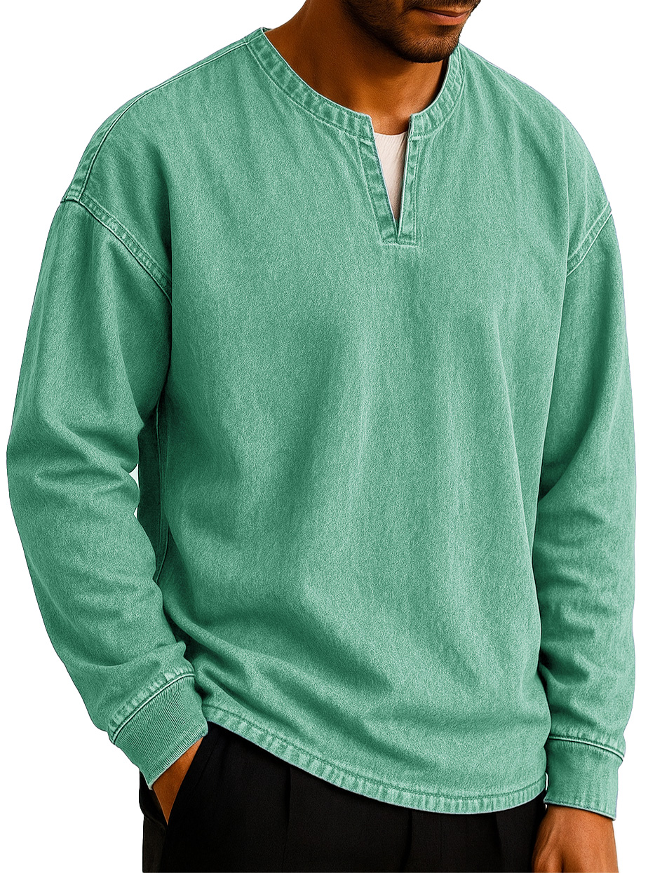 Men's Stylish Casual Outdoor V-neck Distressed Loose-fitting Long-sleeved T-shirt