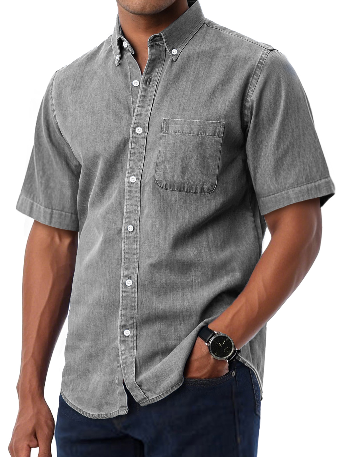 Men's Daily Casual Lapel Pocket Solid Color Comfortable Short Sleeve Shirt