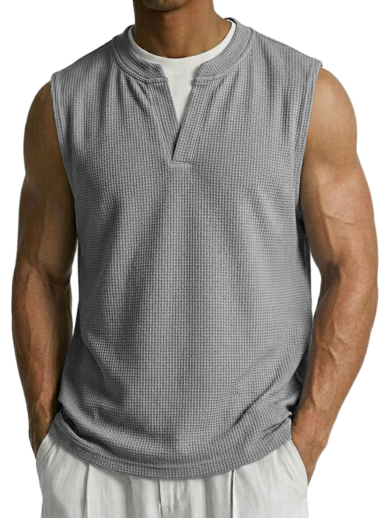 Men's Waffle-knit Faux Two-piece Casual Comfortable Sleeveless Vest
