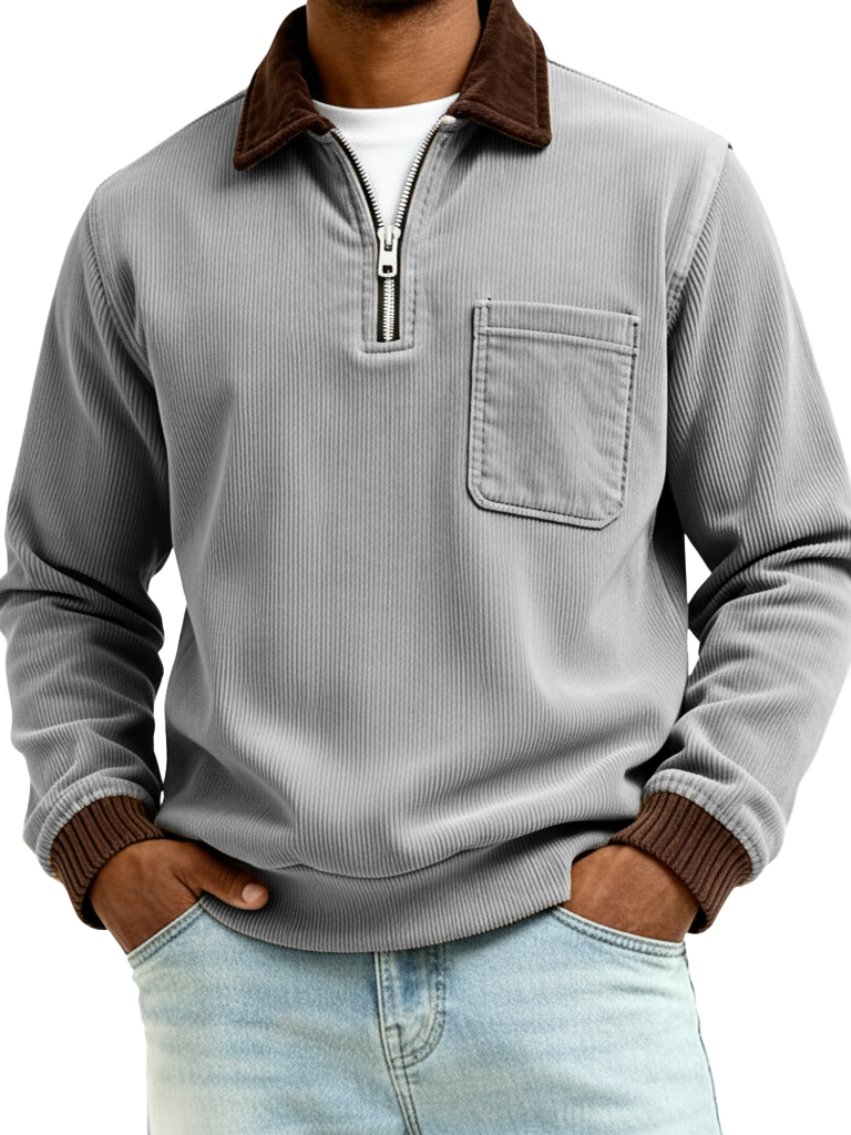 Men's Fashionable Casual Ribbed Patchwork Pocket Long-Sleeved Collared Polo Shirt