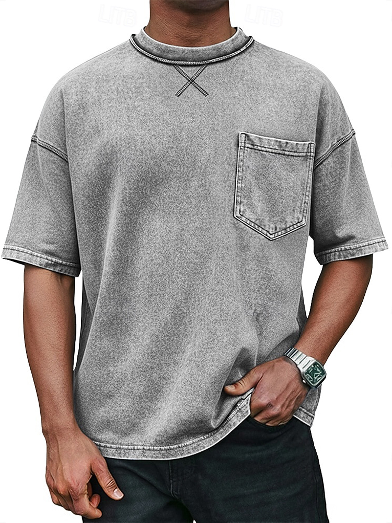 Men's Retro Crew Neck Crossover Design Casual Pocket Short-Sleeve T-Shirt