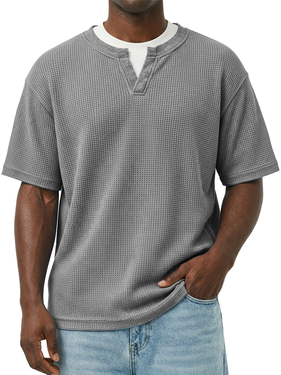 Men's Waffle-knit Double-layered Collar Faux Two-piece Casual Long-sleeved T-shirt