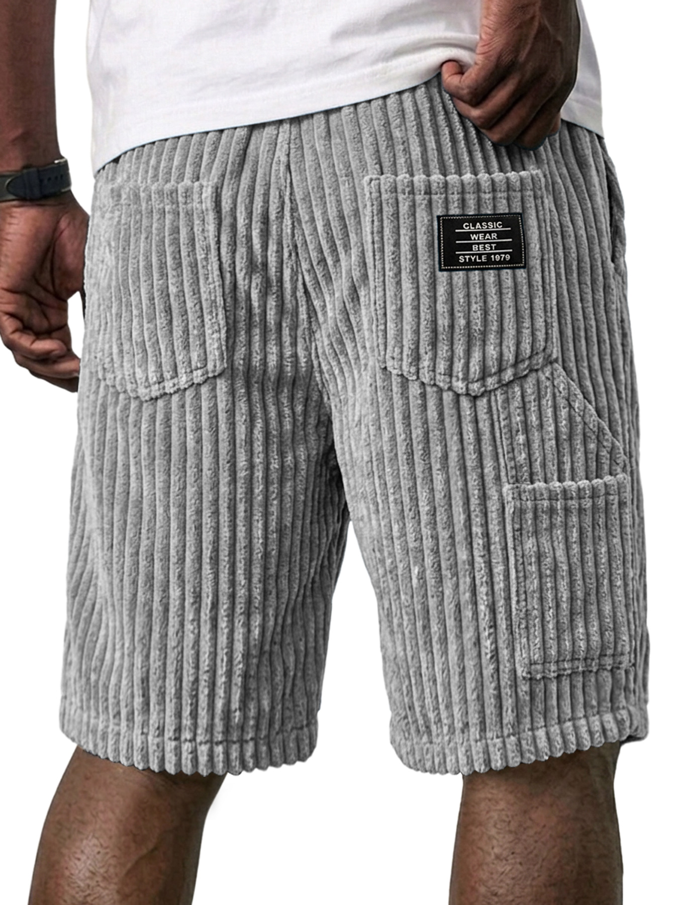 Men's Retro Corduroy Multi-Pocket Embroidered Logo Casual Work Shorts