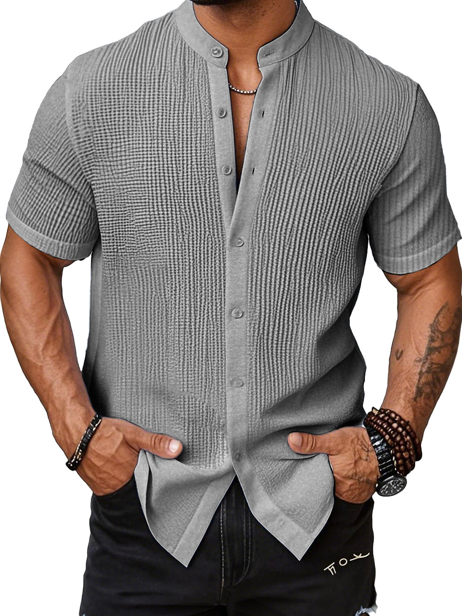 Men's Fashion Casual Bubble Wrinkle Fabric Stand-up Collar Short-sleeved Shirt