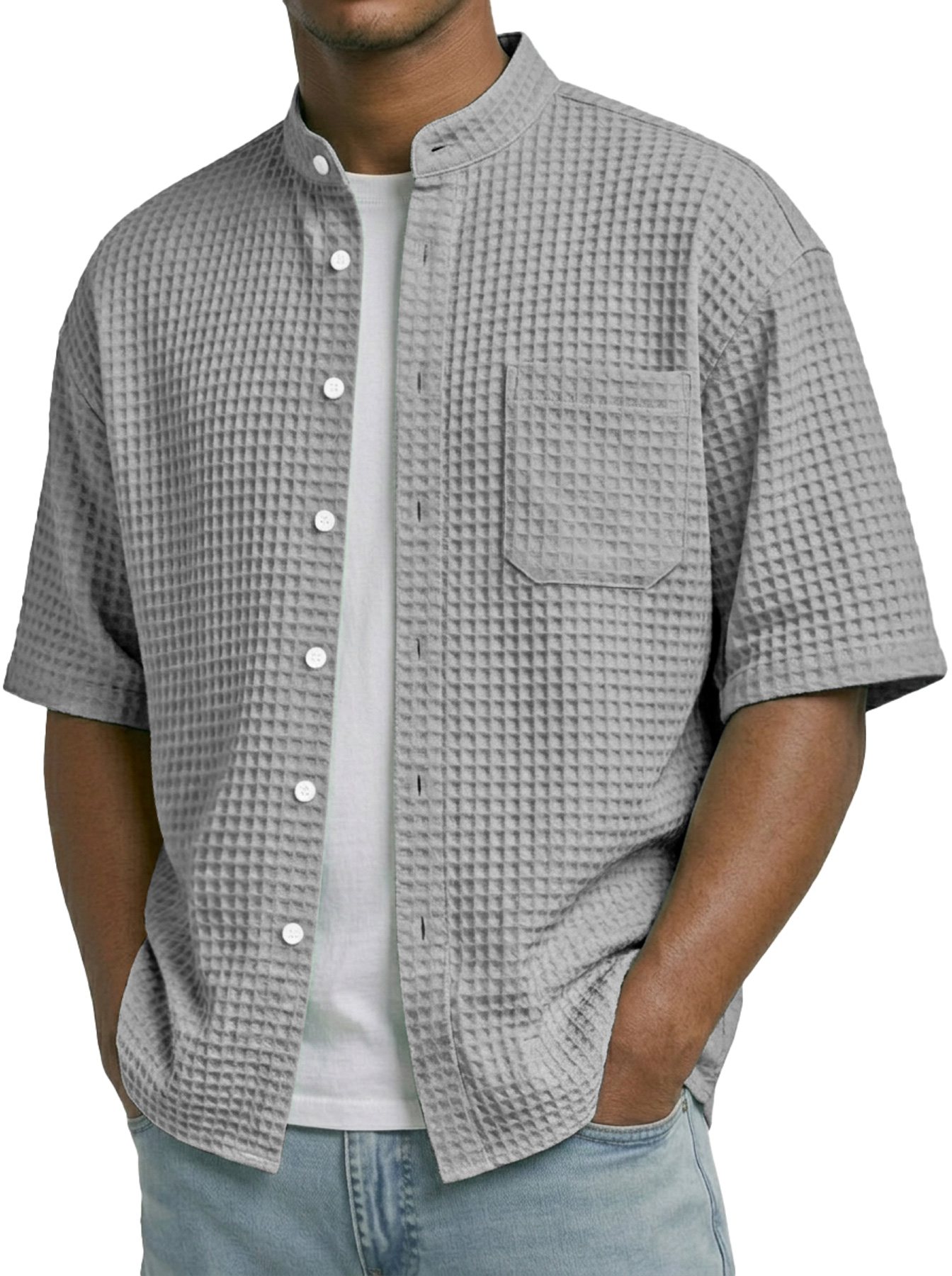 Men's Waffle Collar Stand Collar Pocket Casual Short-Sleeve Shirt