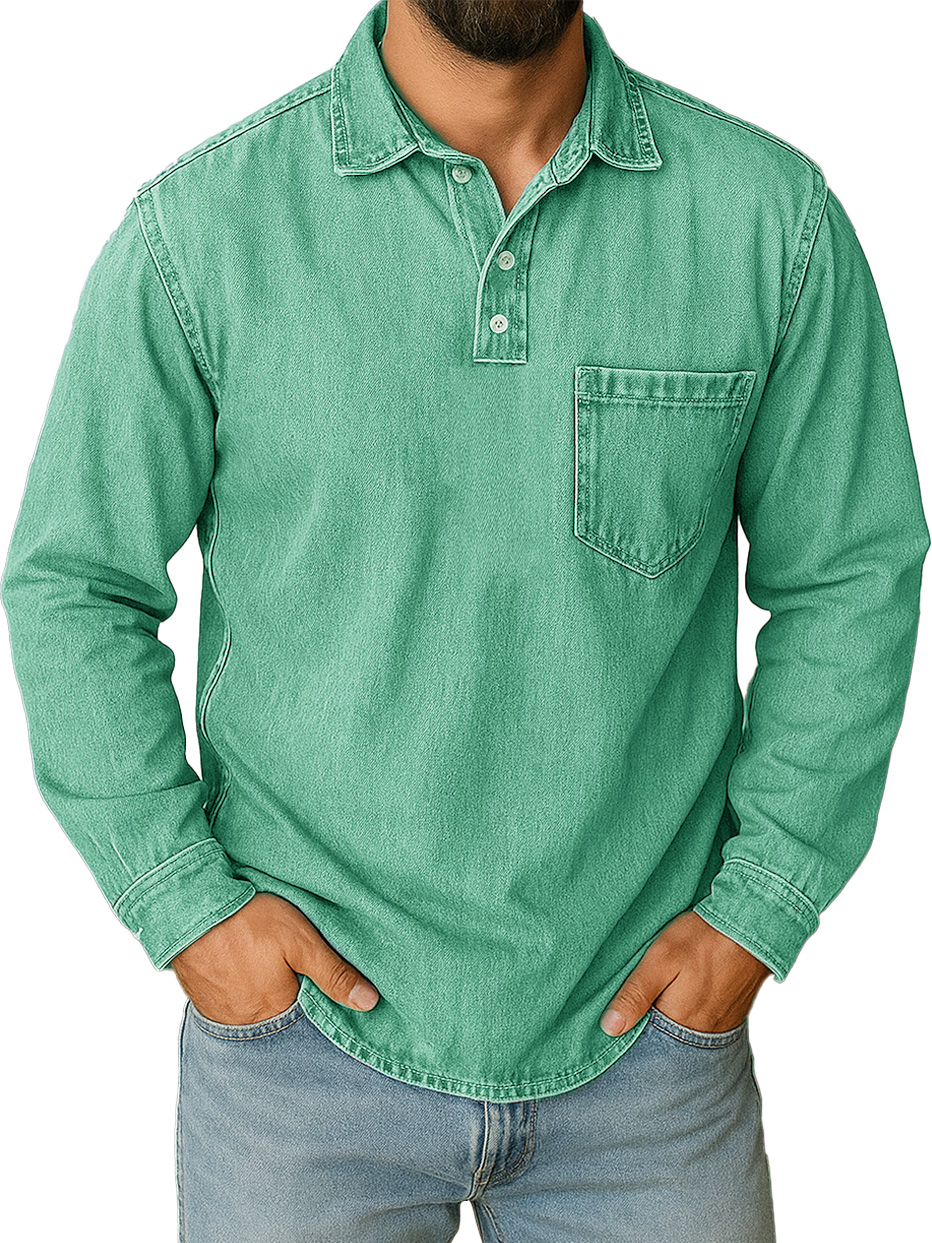 Men's Stylish Vintage Distressed Pocket Lapel Long-sleeved Polo Shirt