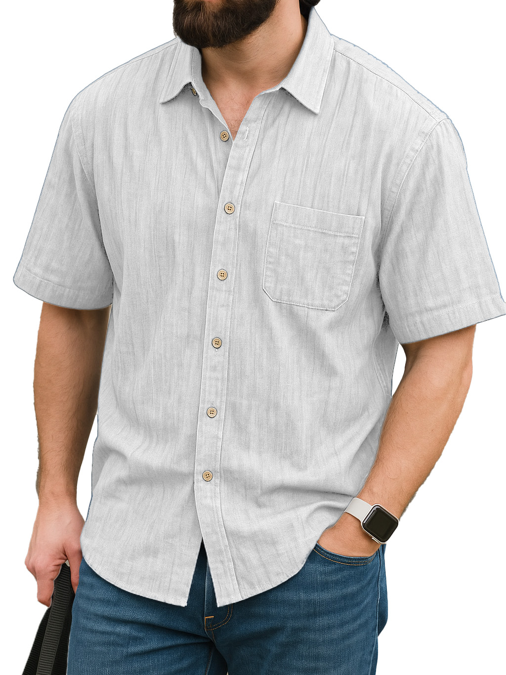 Men's Fashion Daily Linen Fabric Pocket Short-sleeved Lapel Shirt
