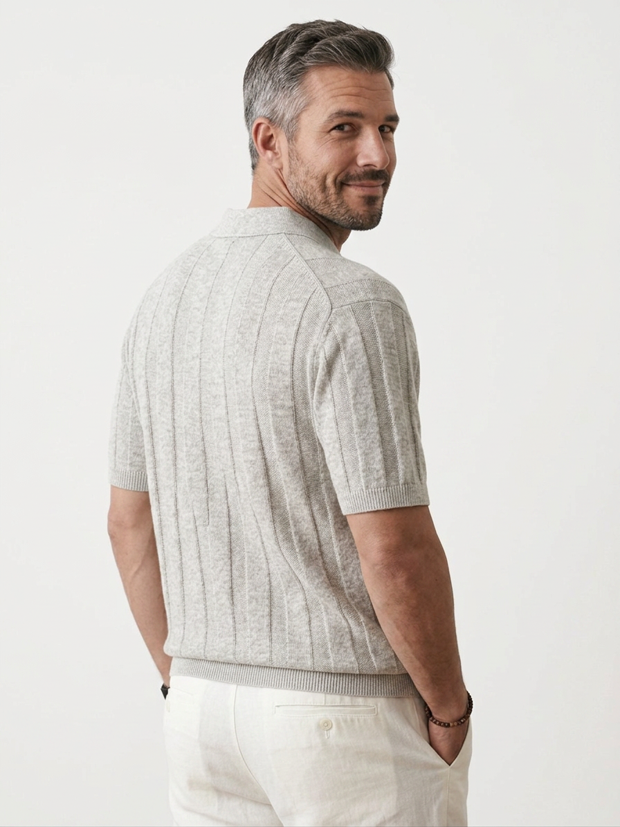Men's Knitted Stretch Textured Striped Comfortable Short-Sleeve Polo Shirt