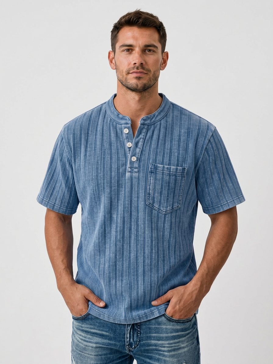 Men's Textured Striped Short-Sleeve Henley – Breathable & Comfortable