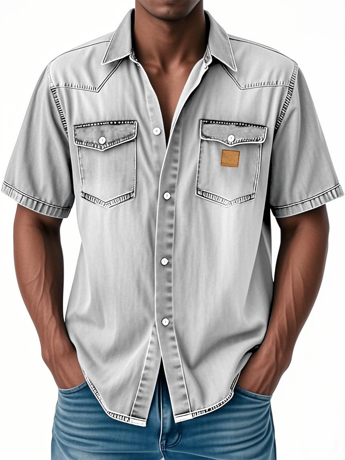 Men's Retro Western Embroidered Multi-Pocket Button Casual Short Sleeve Shirt