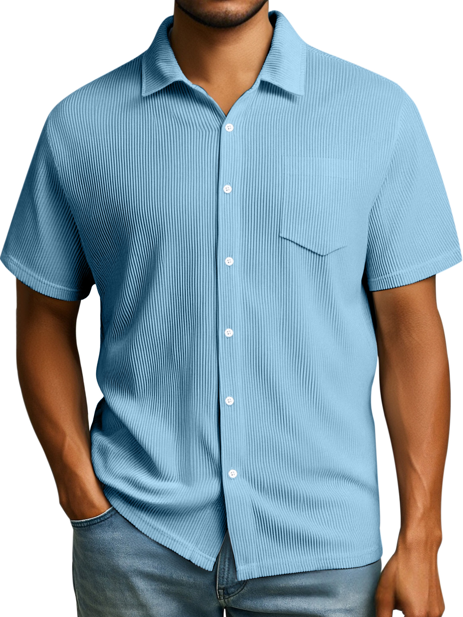 Men's Daily Casual Solid Color Loose Rib Stitch Short-sleeved Lapel Shirt