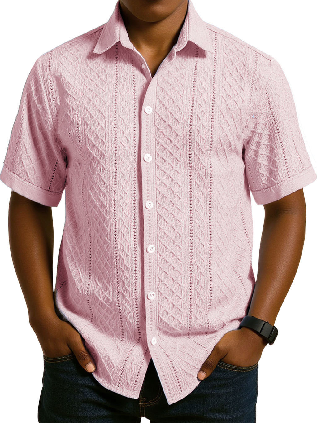 Men's Fashion Casual Jacquard Fabric Lapel Short-sleeved Shirt