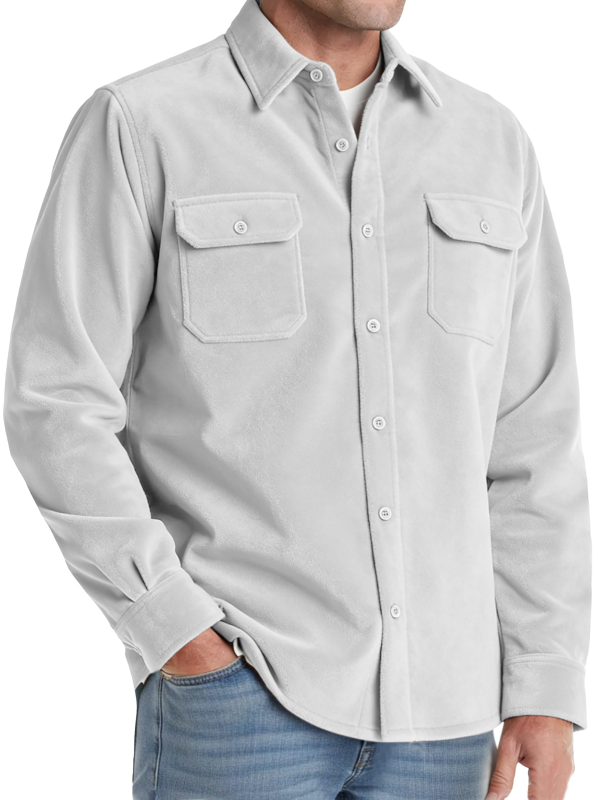 Men's Comfortable Solid-color Suede Double-pocket Long-sleeved Shirt