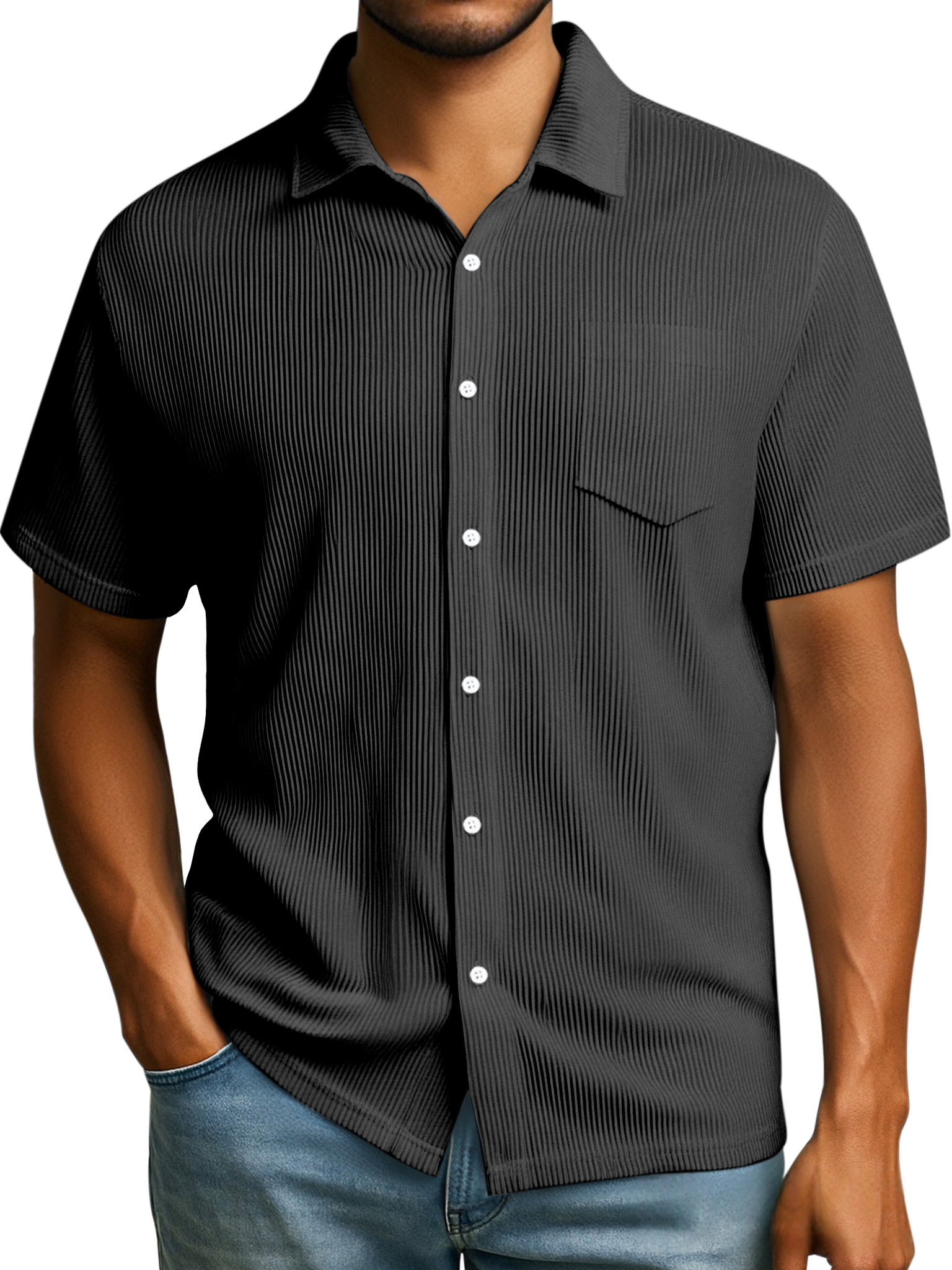 Men's Daily Casual Solid Color Loose Rib Stitch Short-sleeved Lapel Shirt