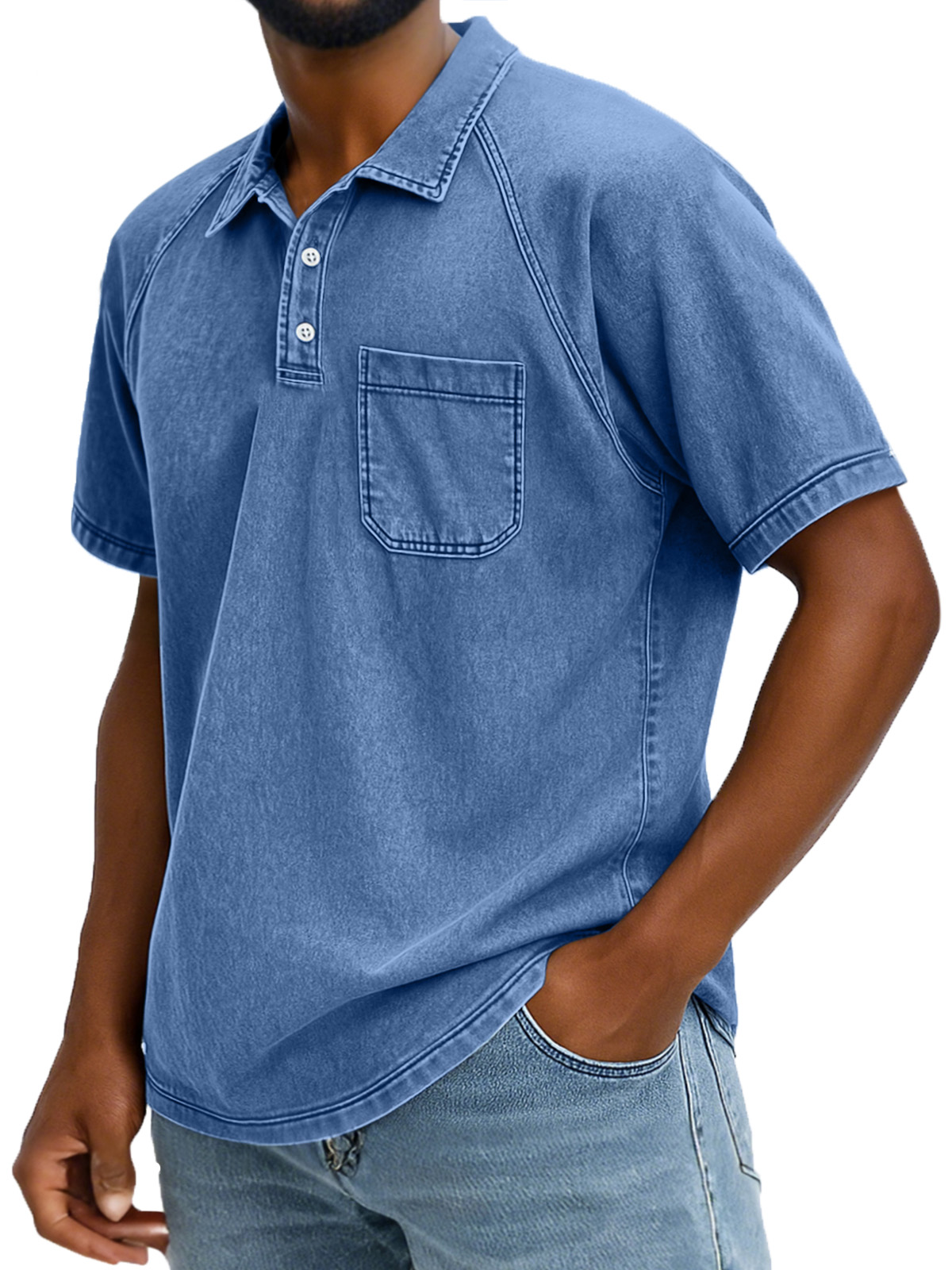 Men's Retro Solid Color Comfortable Raglan Sleeve Polo Shirt