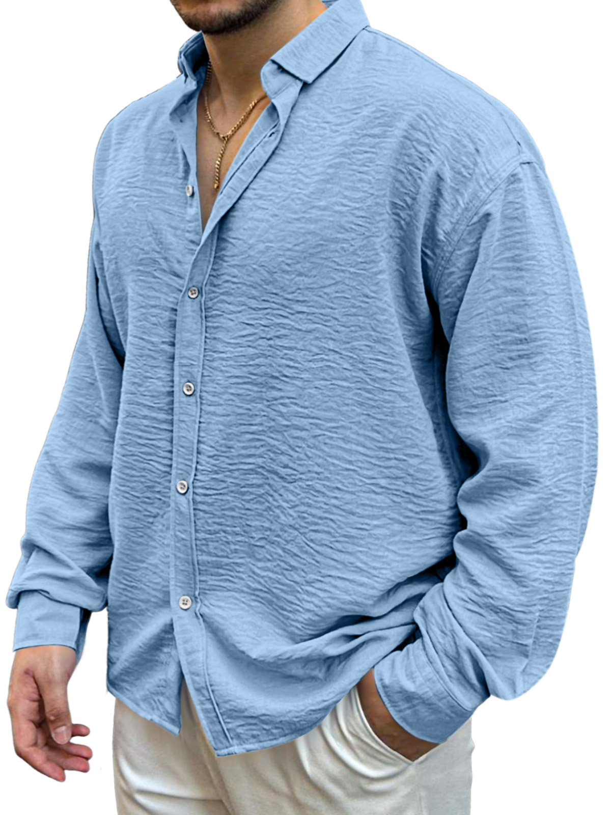 Men's Simple Solid Color Pleated Loose And Comfortable Lapel Long-sleeved Shirt