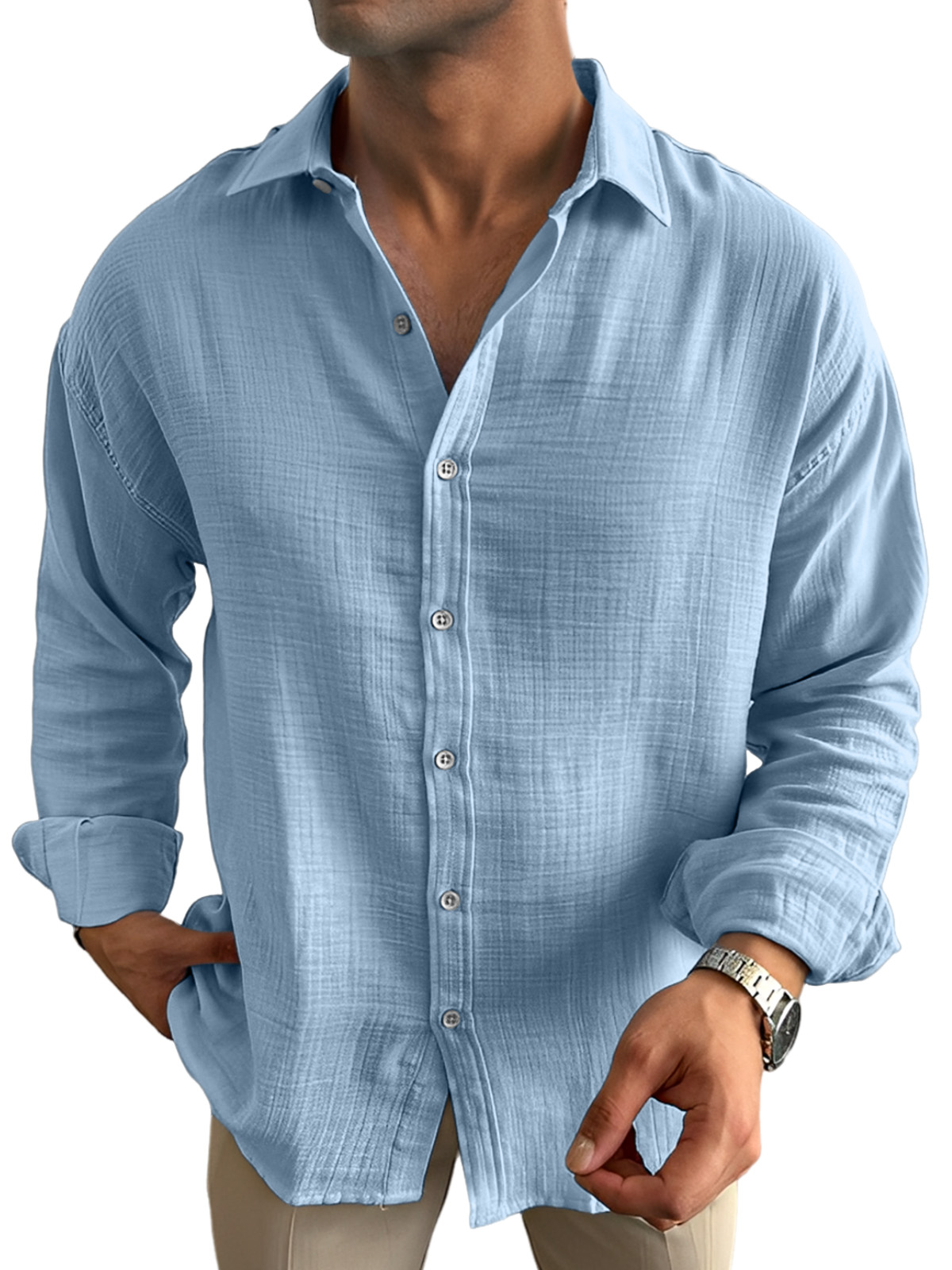 Men's Casual Solid Color Breathable And Comfortable Lapel Long-sleeved Shirt
