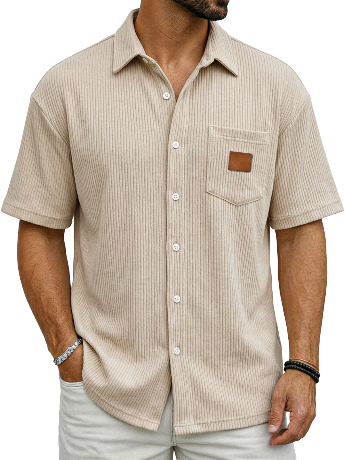 Men's Casual Simple Vertical Ribbed Fabric Shirt With Logo