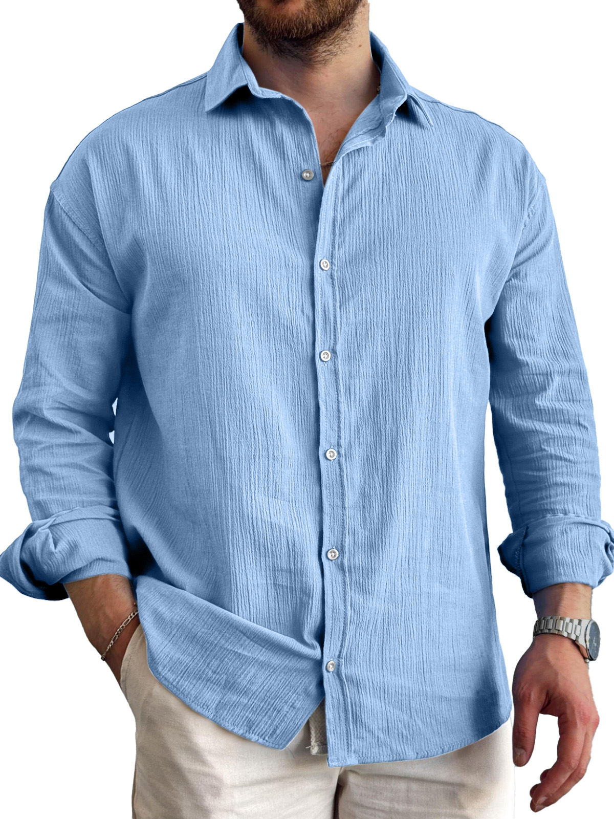 Men's Daily Simple Pleated Textured Lapel Long-sleeved Shirt