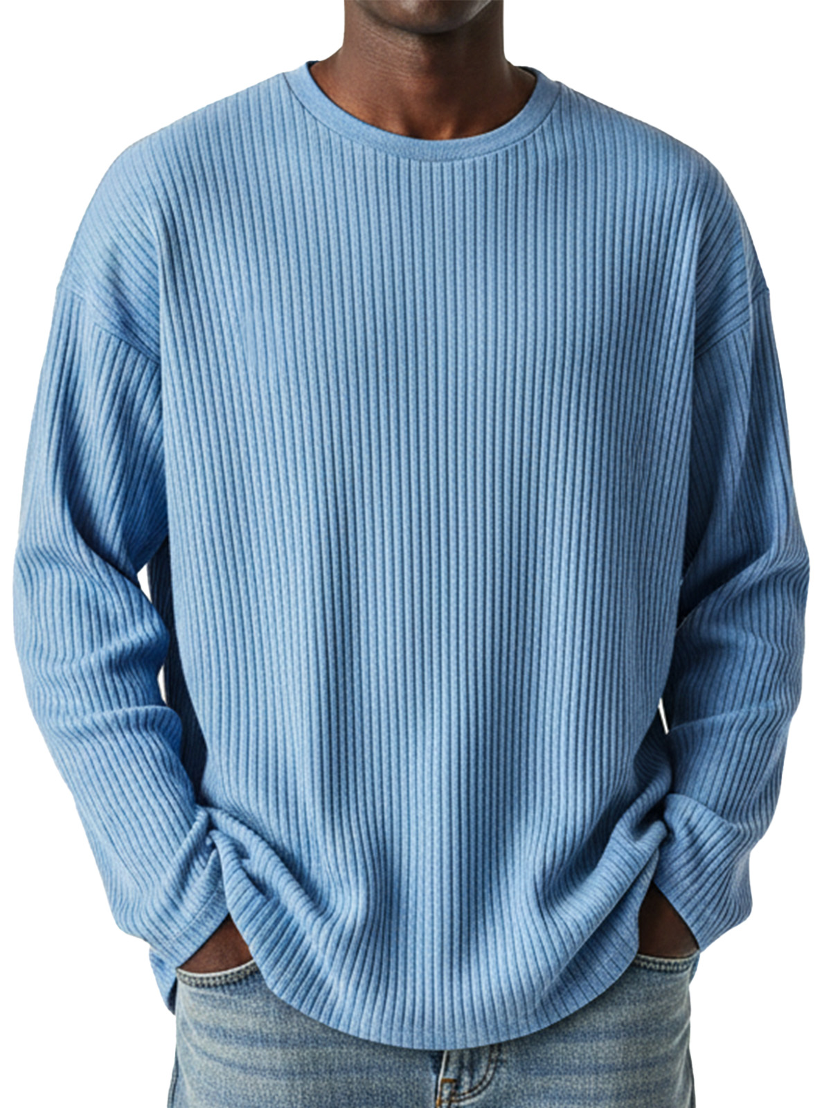 Men's Simple Daily Solid Color Vertical Pit Strip Round Neck Long-sleeved T-shirt